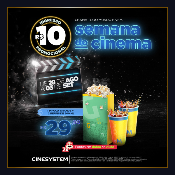 Nova edição da Semana do Cinema tem filmes a R$ 10 no Villa Romana Shopping!