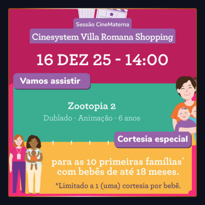 Sessão especial para famílias com bebês exibe o filme Zootopia 2 no Villa Romana Shopping