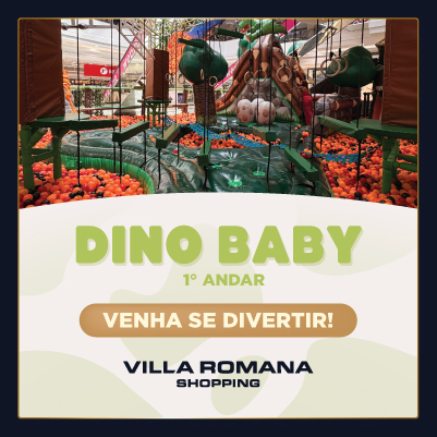 Férias no Villa Romana Shopping têm promoção de cinema, patinação no gelo e parque temático para criançasDino Baby!